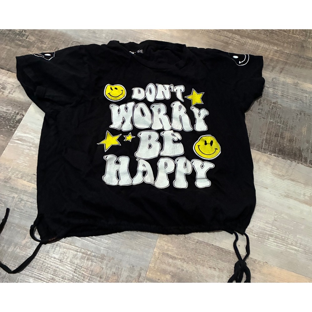 On Fire Womens Dont Worry Be Happy Graphic T-Shirt Black Size L Cinched Hem